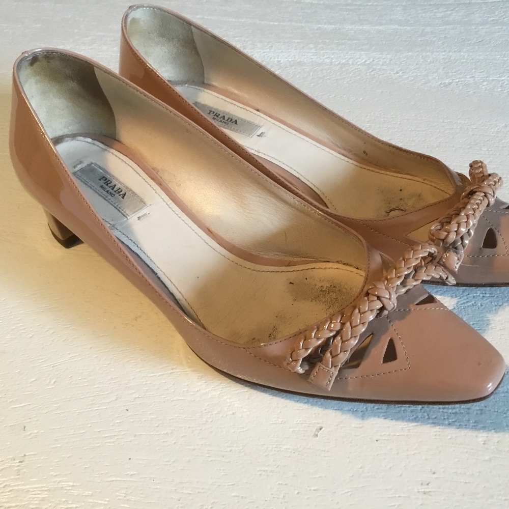 Prada Rose patent leather, braided bow, 37.5